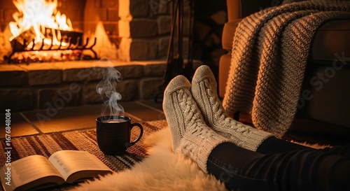 Illustration of a cozy scene features feet in wool socks relaxing by a warm fireplace with a book and a steaming mug