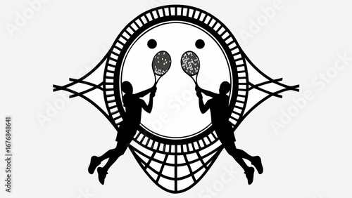 Silhouette of two tennis players hitting balls inside a circle with a net design and racket details