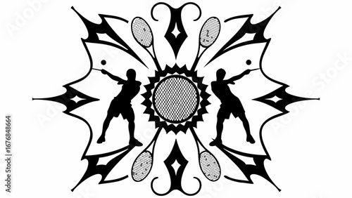 Silhouette design featuring tennis players rackets and a central circular net pattern in black and white style