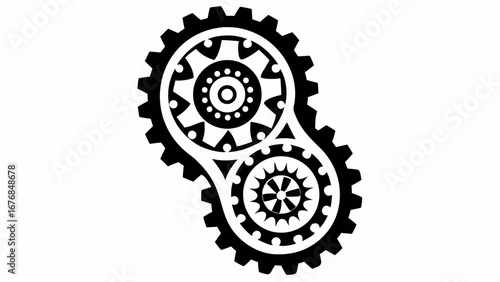 Two interlocking black gears with intricate internal designs on a white background image art design silhouette