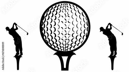 Silhouette illustration of two golfers teeing off with a golf ball on a tee in the center stage US open Tenis   , RYDER CUP GOLF  ,,  WWE WRESTLING EVENTS WRESTLEPALOOZA  ,,  NBA SEASON  ,, 