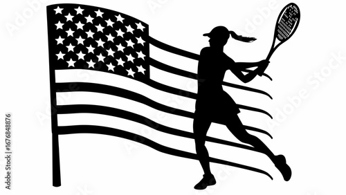 Silhouette of a tennis player with a racket against an american flag waving in the wind design vector US open Tenis   , RYDER CUP GOLF  ,,  WWE WRESTLING EVENTS WRESTLEPALOOZA  ,,  NBA SEASON  ,, 
