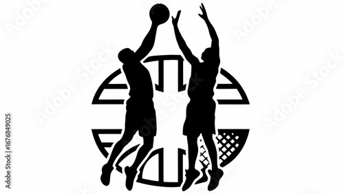 Silhouette of two basketball players in action with a ball and geometric background element behind them US open Tenis   , RYDER CUP GOLF  ,,  WWE WRESTLING EVENTS WRESTLEPALOOZA  ,,  NBA SEASON  ,, 