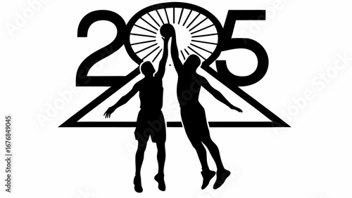 Two basketball players reaching for the ball with a wheel and a number in the background design silhouette US open Tenis   , RYDER CUP GOLF  ,,  WWE WRESTLING EVENTS WRESTLEPALOOZA  ,,  NBA SEASON  ,,