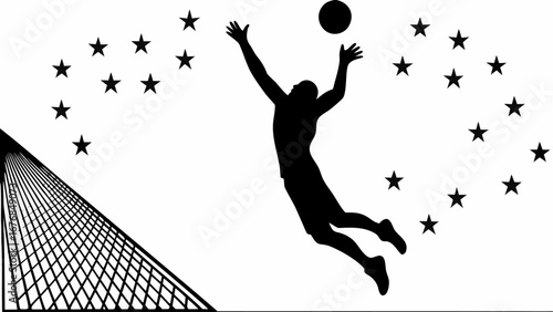 Silhouette of a volleyball player jumping to hit the ball with stars and net in the background design US open Tenis   , RYDER CUP GOLF  ,,  WWE WRESTLING EVENTS WRESTLEPALOOZA  ,,  NBA SEASON  ,, 