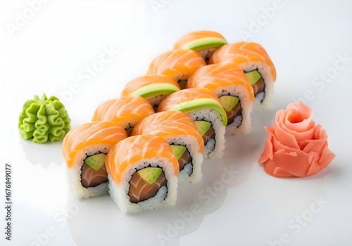 Clean composition of Japanese sushi rolls with fresh salmon slices, avocado, and sticky rice, neatly aligned on a plain white surface, garnished with wasabi and ginger