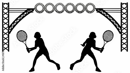 Silhouette of two tennis players with rackets under a decorative archway with circular ornaments US open Tenis   , RYDER CUP GOLF  ,,  WWE WRESTLING EVENTS WRESTLEPALOOZA  ,,  NBA SEASON  ,, 