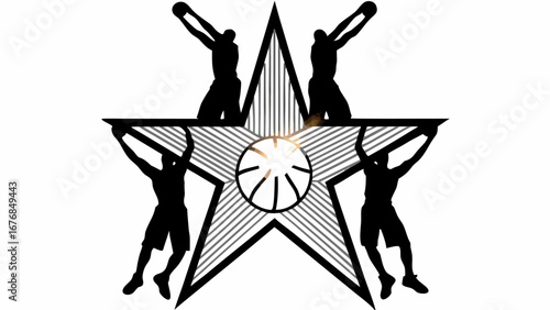 Silhouette of basketball players around a star with a basketball inside and striped background design element US open Tenis   , RYDER CUP GOLF  ,,  WWE WRESTLING EVENTS WRESTLEPALOOZA  ,,  NBA SEASON 