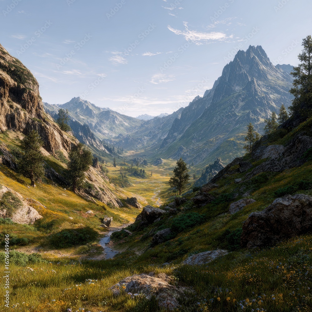 Fototapeta premium Scenic vista of a mountain valley with trees, meadows, and a stream under a blue sky