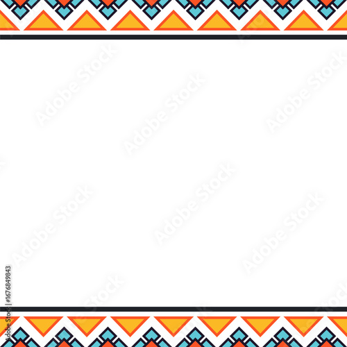 This is a seamless pattern with a repeating design featuring geometric shapes and stylized figures in rows. The color palette includes dark blue, burnt orange, yellow, and white.