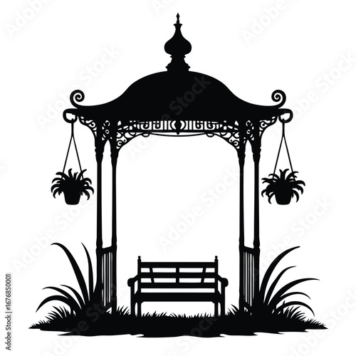 Black silhouette of a garden gazebo with bench and hanging plants 4