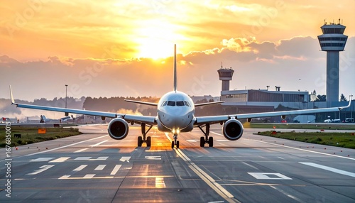 Airplane taking off from runway at sunset, control tower and airport buildings in the background.