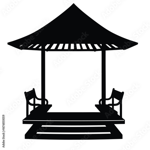 Black silhouette of a gazebo with benches and steps