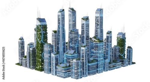 Illustration of a futuristic city skyline with green buildings and solar panels isolated on white background