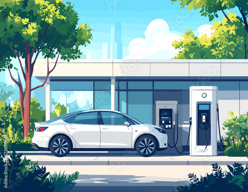 Modern white electric car at a public charging station.