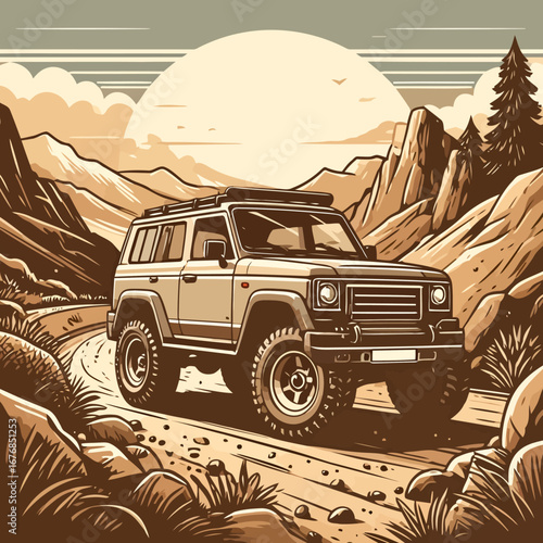 Classic Off Road SUV Illustration on a Rugged Path.