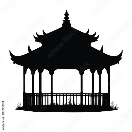 Black silhouette of a traditional Asian gazebo with curved roof