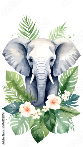 Watercolor painting of an elephant with tropical leaves and flowers.