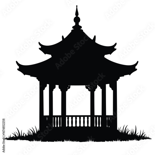 Black silhouette of a traditional Asian gazebo with grass 2