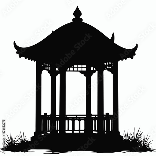 Black silhouette of a traditional Asian gazebo with grass 1