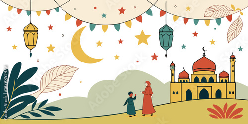 Islamic illustration background with mosque and lanterns