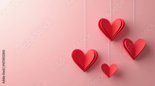 Red paper hearts hanging on pink background red hearts