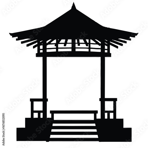 Black silhouette of a traditional Asian gazebo with steps