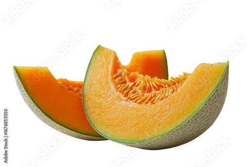 Two slices of ripe cantaloupe melon with seeds and rind, isolated on transparent background
