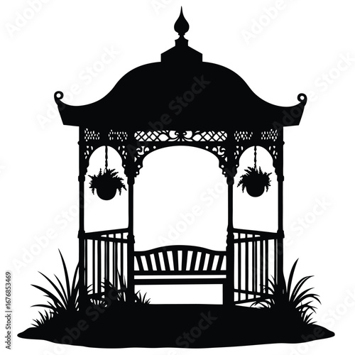 Black silhouette of a Victorian gazebo with bench and hanging plants 2