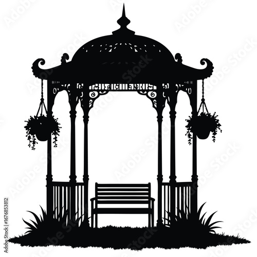 Black silhouette of a Victorian gazebo with bench and hanging plants 1