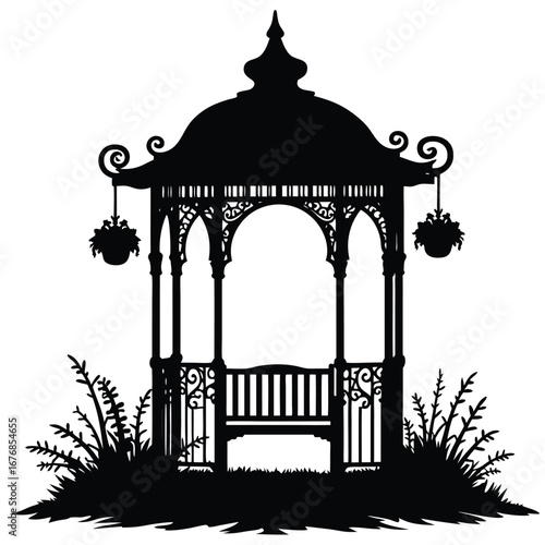 Black silhouette of ornate garden gazebo with bench and hanging baskets 1