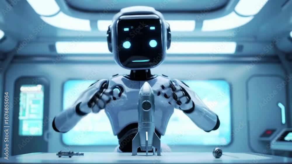  A friendly robot builds a miniature rocket in a futuristic laboratory