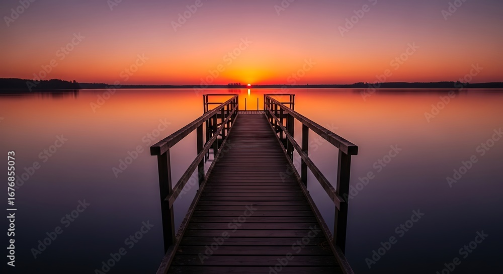 Fototapeta premium Illustration of a tranquil sunset over a calm lake with a wooden dock stretching into the water