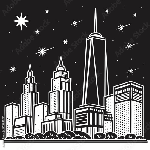 Illustration of a skyline with tall buildings and stars in the night sky with a black background created with generated ai