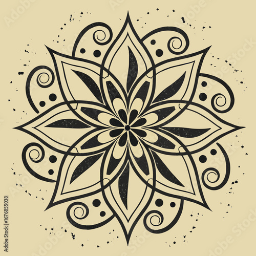 Detailed black and white floral mandala design with swirls and petal shapes on tan background showing texture created with generated ai