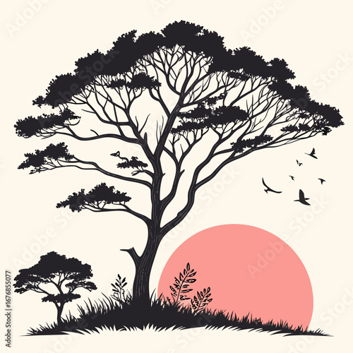 Silhouette of a large tree with birds flying around it against a sunset background in a flat style created with generated ai