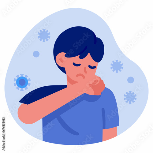 Young man coughing into elbow with a concerned expression  