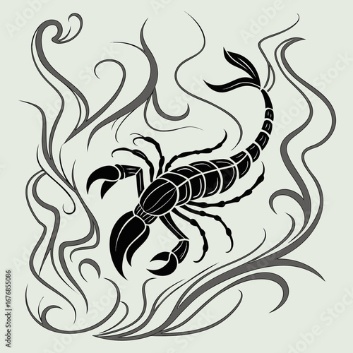 Black scorpion with decorative swirls and a segmented body on a light background design art created with generated ai