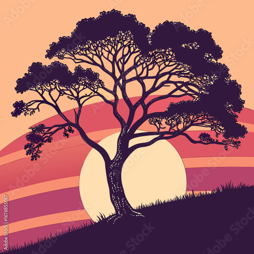 Silhouette of a tree on a hill with a sunset background creating a serene and peaceful landscape created with generated ai