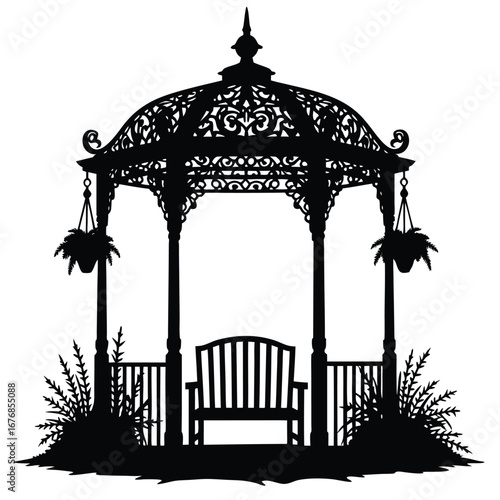 Black silhouette of ornate garden gazebo with bench and hanging plants 1