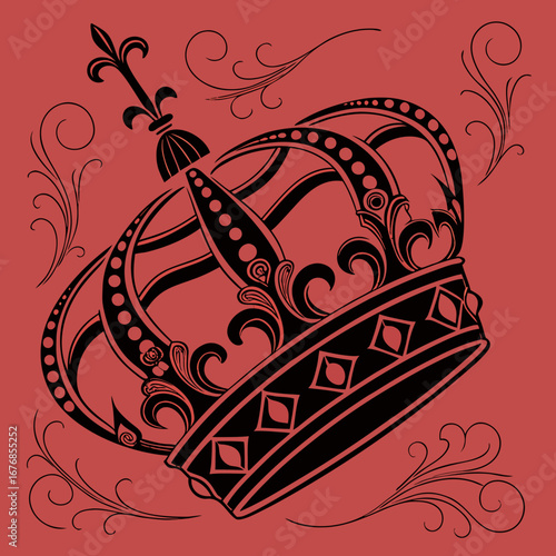 Ornate black crown with fleur de lis and decorative swirls on a red background illustration art created with generated ai