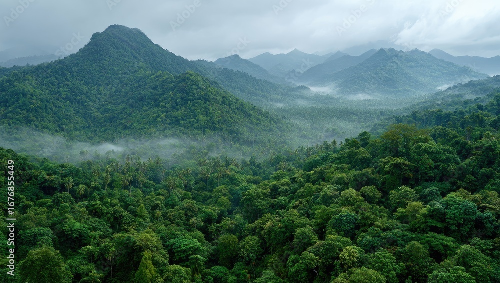 Fototapeta premium Lush, green mountains, a dense forest under a cloudy sky