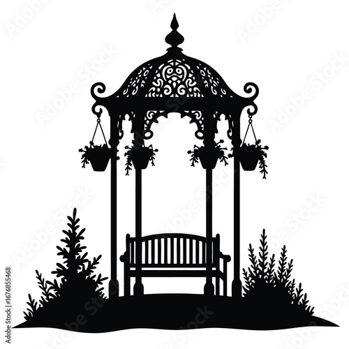 Black silhouette of ornate gazebo with bench and hanging plants 1