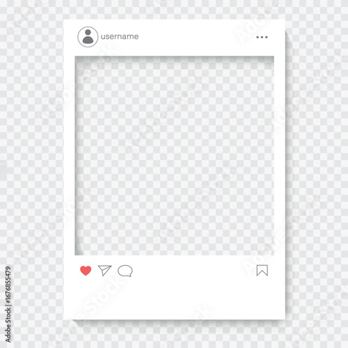 Social media photo frame with likes. Post template mockup. Insert your picture.