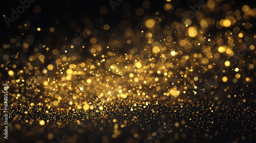 Gold sparkly background with many small gold circles. Black background with a lot of gold sparkles.