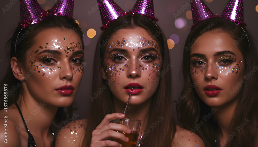 Obraz premium Friends wearing glitter makeup and party hats celebrating 