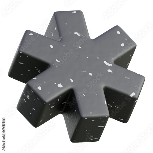 3D black metallic six-armed asterisk icon for UI branding and tech marketing.
