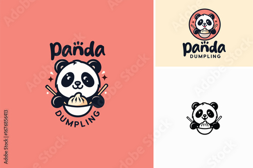 A cute panda eats dimsum dumpling gyoza shumai xiao long bao from bowl with chopsticks. Mascot logo design for asian chinese korean japanese oriental cuisine restaurant
