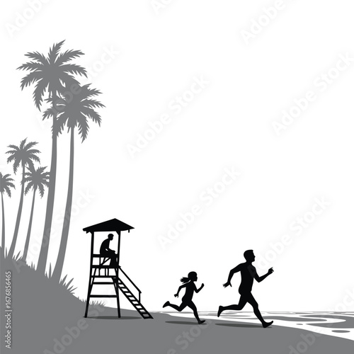 Silhouettes of people running on a beach with palm trees and lifeguard tower