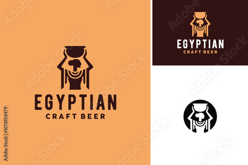 Hieroglyph symbol of Egyptian Goddess Silhouette wears ancient kalasiri dress, her hands carrying a vessel pot on his head, minimalist beauty logo design